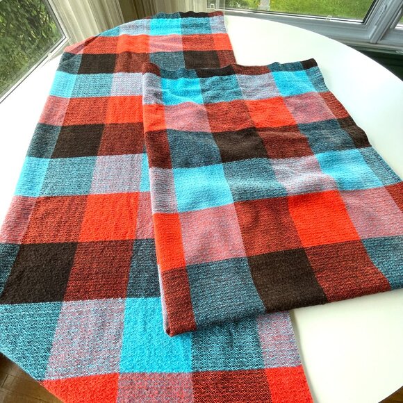 Vintage 80s curtains, bold blue, red, black plaid, pair of rod header panels - Picture 7 of 9